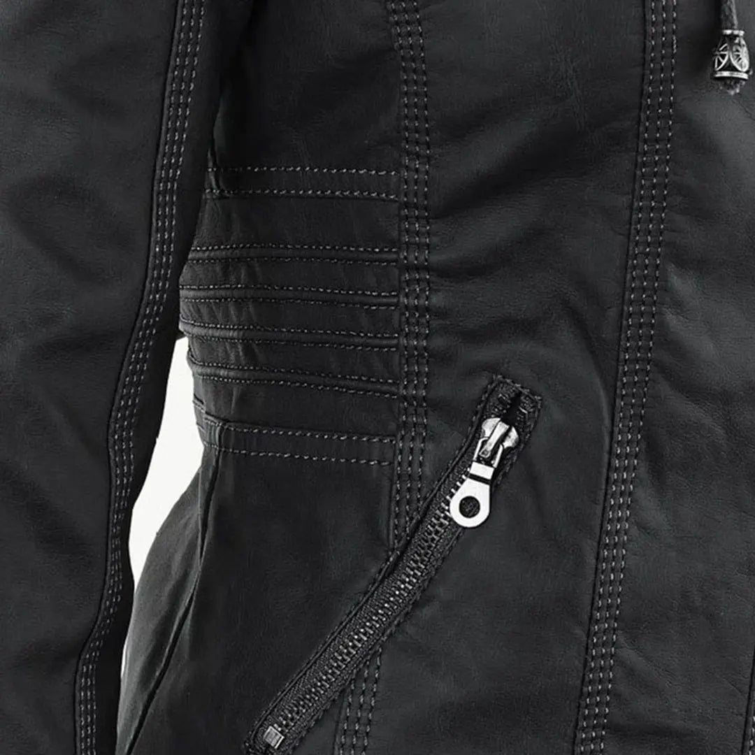 Women's Moto Jacket with Drawstring Hood and Zip Pockets - Lolly 