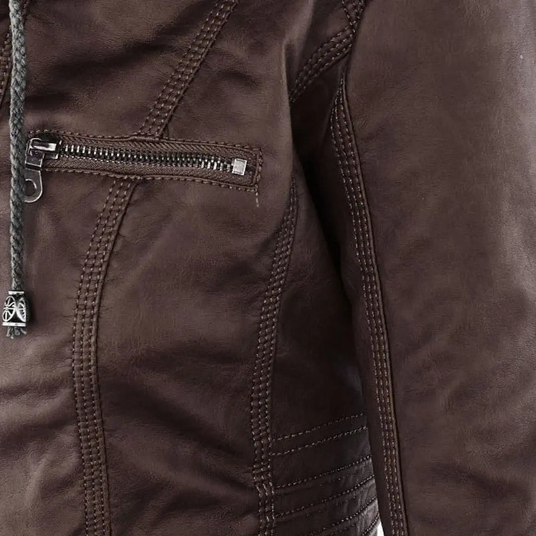 Women's Moto Jacket with Drawstring Hood and Zip Pockets - Lolly 