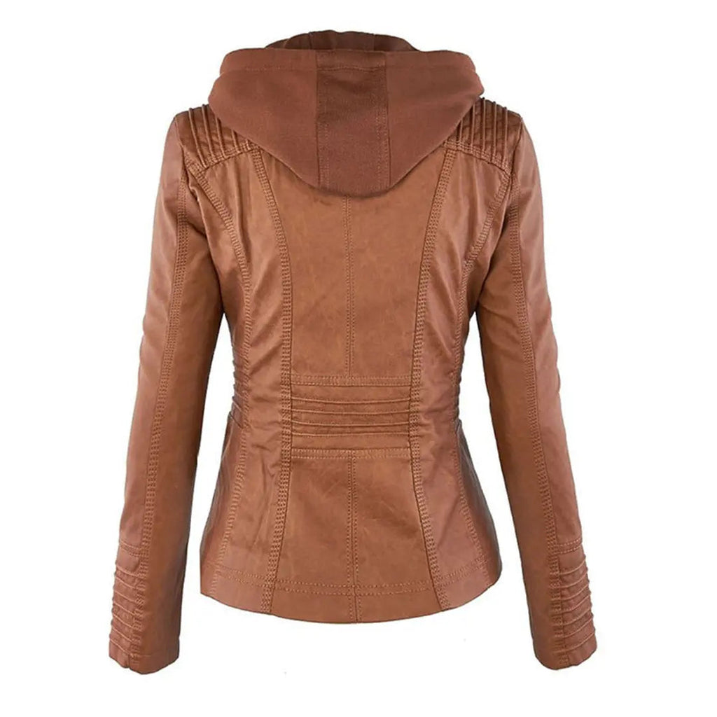 Women's Moto Jacket with Drawstring Hood and Zip Pockets - Lolly 