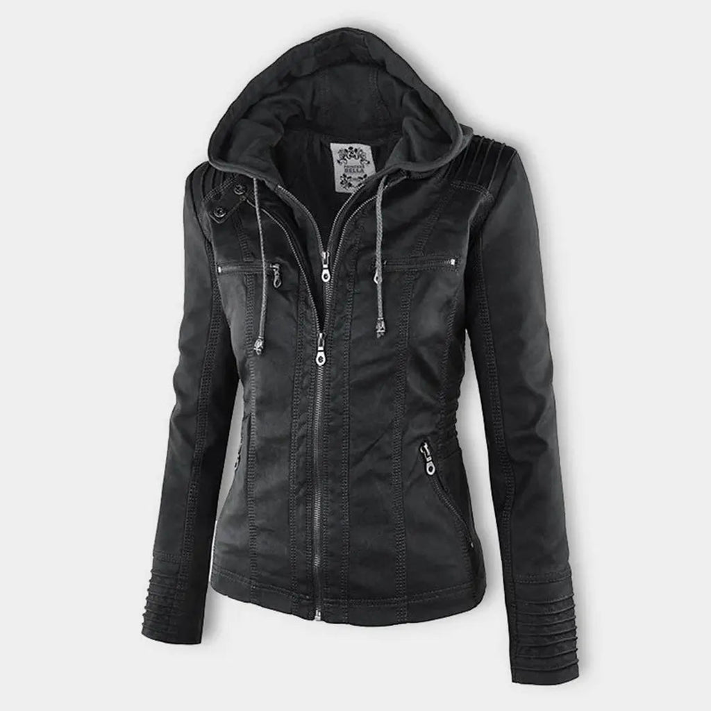 Women's Moto Jacket with Drawstring Hood and Zip Pockets - Lolly 