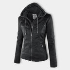 Women's Moto Jacket with Drawstring Hood and Zip Pockets - Lolly 