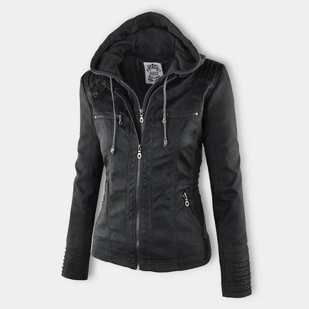 Women's Moto Jacket with Drawstring Hood and Zip Pockets - Lolly 