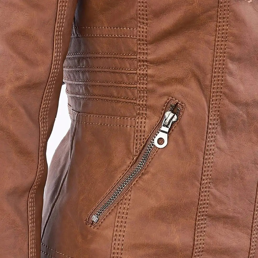 Women's Moto Jacket with Drawstring Hood and Zip Pockets - Lolly 