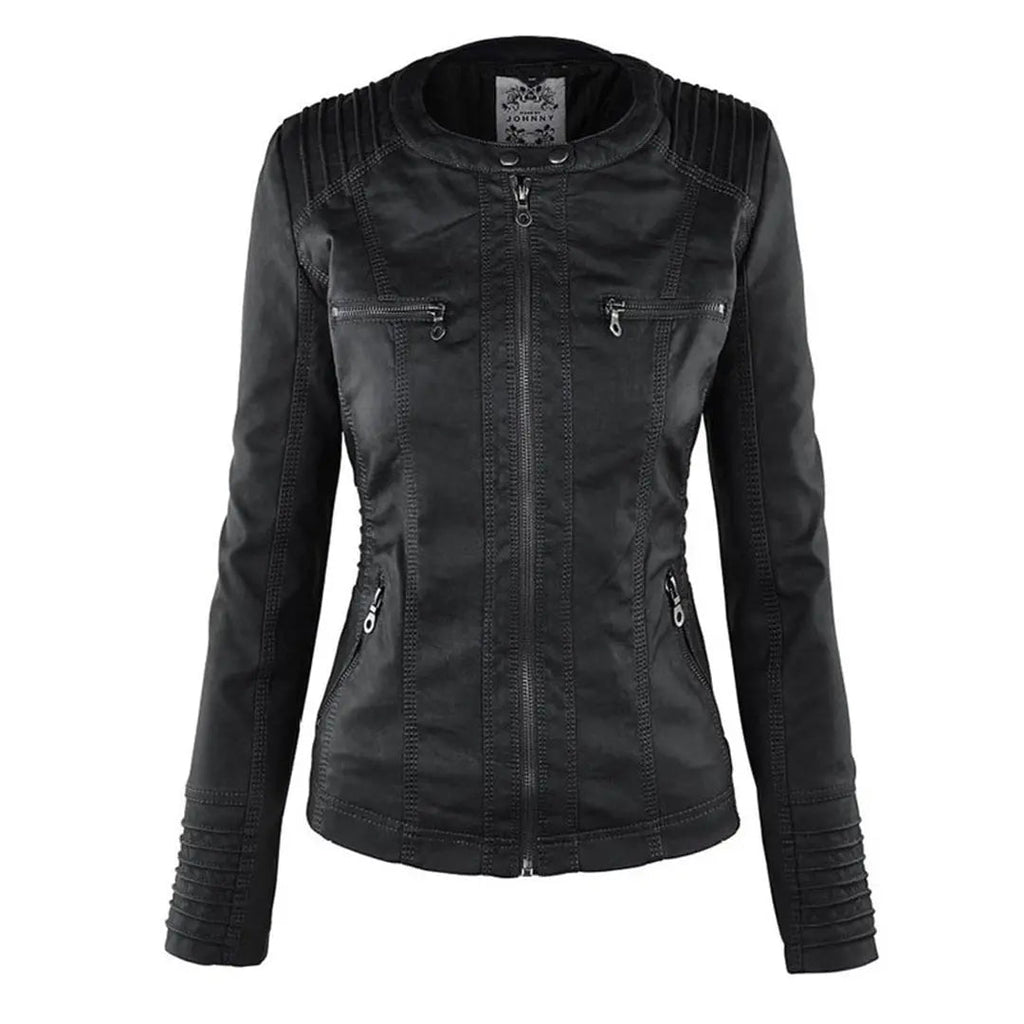 Women's Moto Jacket with Drawstring Hood and Zip Pockets - Lolly 