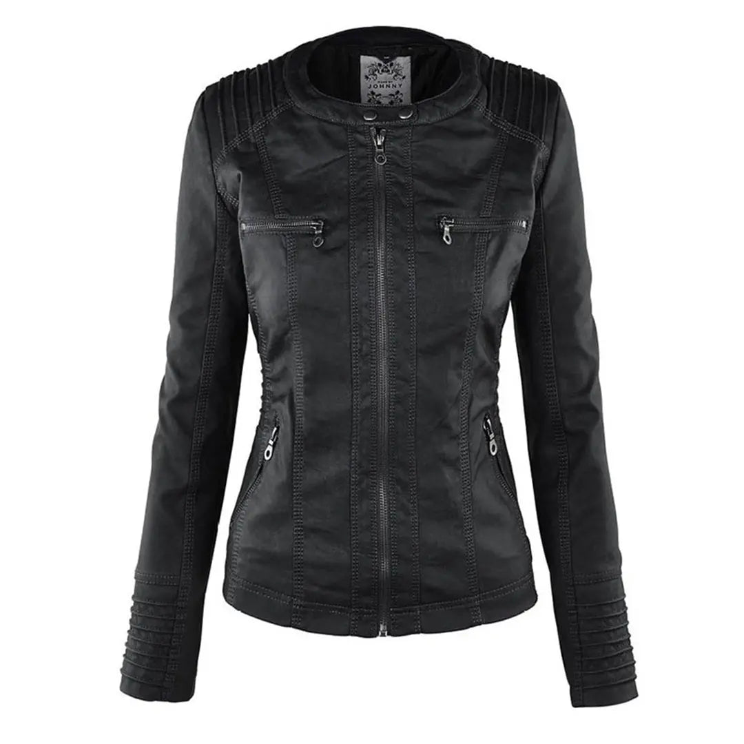 Women's Moto Jacket with Drawstring Hood and Zip Pockets - Lolly 