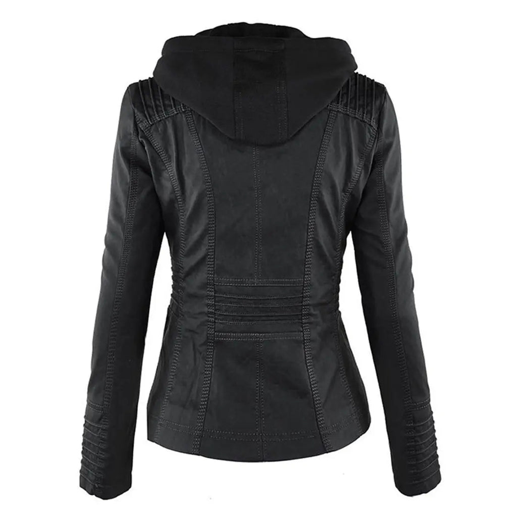 Women's Moto Jacket with Drawstring Hood and Zip Pockets - Lolly 