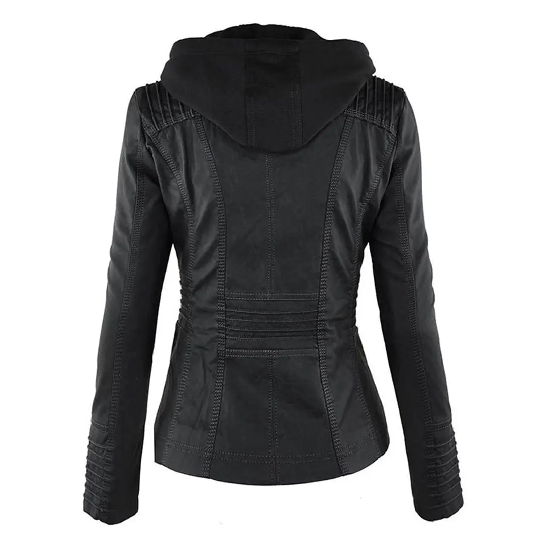 Women's Moto Jacket with Drawstring Hood and Zip Pockets - Lolly 