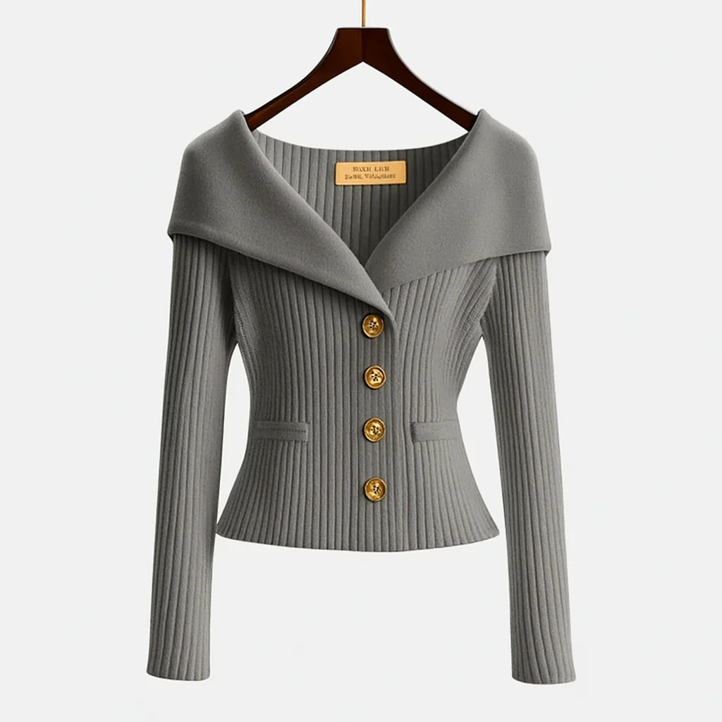 Women's Off-Shoulder Button-Up Ribbed Knit Cardigan Sweater Sculpted Fit Casual Work Office Date Night Evening Smart – Vivienne - Lolly 