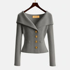 Women's Off-Shoulder Button-Up Ribbed Knit Cardigan Sweater Sculpted Fit Casual Work Office Date Night Evening Smart – Vivienne - Lolly 