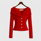 Women's Off-Shoulder Button-Up Ribbed Knit Cardigan Sweater Sculpted Fit Casual Work Office Date Night Evening Smart – Vivienne - Lolly 