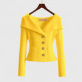 Women's Off-Shoulder Button-Up Ribbed Knit Cardigan Sweater Sculpted Fit Casual Work Office Date Night Evening Smart – Vivienne - Lolly 