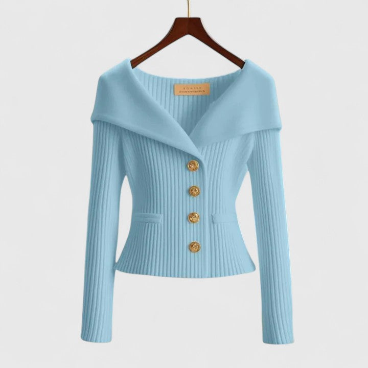 Women's Off-Shoulder Button-Up Ribbed Knit Cardigan Sweater Sculpted Fit Casual Work Office Date Night Evening Smart – Vivienne - Lolly 