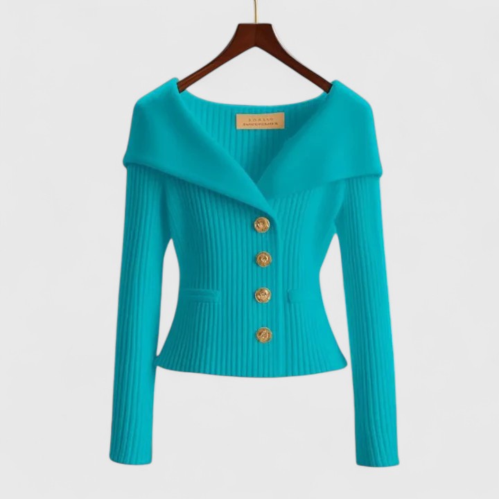 Women's Off-Shoulder Button-Up Ribbed Knit Cardigan Sweater Sculpted Fit Casual Work Office Date Night Evening Smart – Vivienne - Lolly 