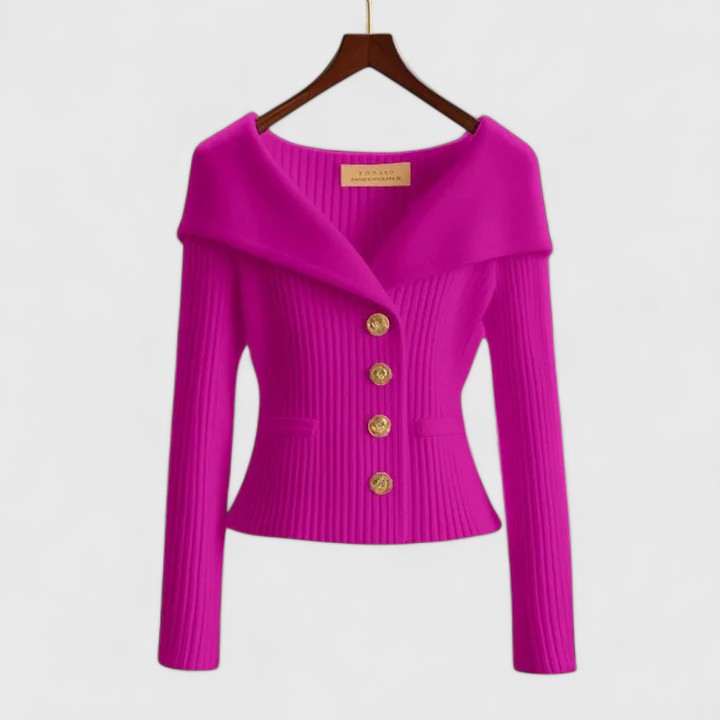 Women's Off-Shoulder Button-Up Ribbed Knit Cardigan Sweater Sculpted Fit Casual Work Office Date Night Evening Smart – Vivienne - Lolly 