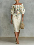 Women's Off-Shoulder Floral Embroidered Midi Dress Asymmetrical Neckline Fitted Waist Formal Wedding Guest Cocktail Evening Party – Joelle - Lolly 