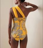 Women's One-Shoulder Floral Printed One-Piece Swimsuit & Long Skirt Set Beach Vacation Pool Party Resort Tropical Summer – Yellow - Lolly 