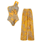 Women's One-Shoulder Floral Printed One-Piece Swimsuit & Long Skirt Set Beach Vacation Pool Party Resort Tropical Summer – Yellow - Lolly 