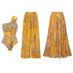 Women's One-Shoulder Floral Printed One-Piece Swimsuit & Long Skirt Set Beach Vacation Pool Party Resort Tropical Summer – Yellow - Lolly 