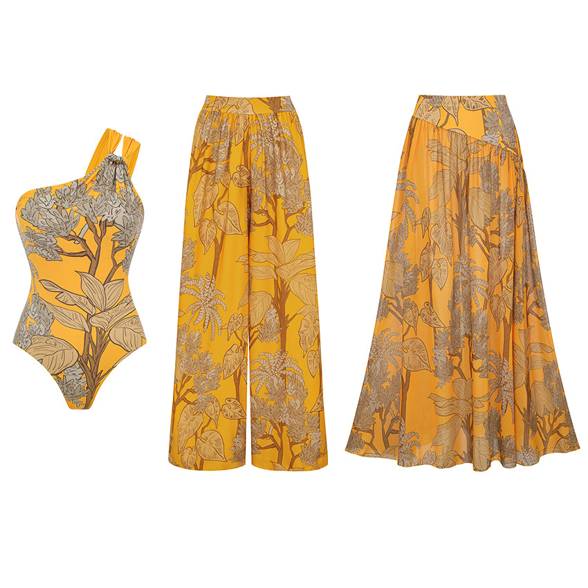 Women's One-Shoulder Floral Printed One-Piece Swimsuit & Long Skirt Set Beach Vacation Pool Party Resort Tropical Summer – Yellow - Lolly 