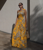Women's One-Shoulder Floral Printed One-Piece Swimsuit & Long Skirt Set Beach Vacation Pool Party Resort Tropical Summer – Yellow - Lolly 