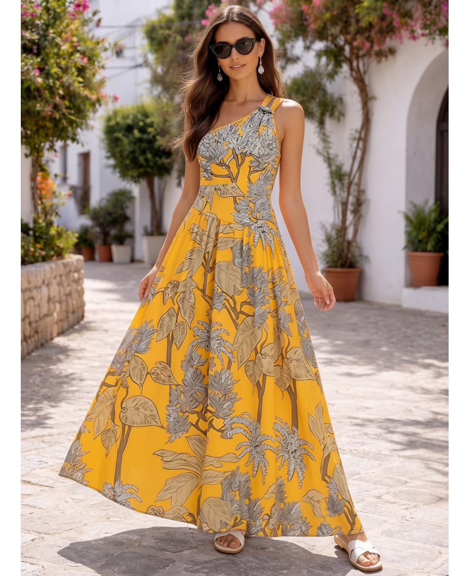 Women's One-Shoulder Floral Printed One-Piece Swimsuit & Long Skirt Set Beach Vacation Pool Party Resort Tropical Summer – Yellow - Lolly 