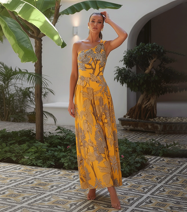 Women's One-Shoulder Floral Printed One-Piece Swimsuit & Long Skirt Set Beach Vacation Pool Party Resort Tropical Summer – Yellow - Lolly 