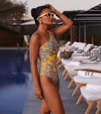 Women's One-Shoulder Floral Printed One-Piece Swimsuit & Long Skirt Set Beach Vacation Pool Party Resort Tropical Summer – Yellow - Lolly 