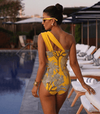Women's One-Shoulder Floral Printed One-Piece Swimsuit & Long Skirt Set Beach Vacation Pool Party Resort Tropical Summer – Yellow - Lolly 
