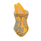 Women's One-Shoulder Floral Printed One-Piece Swimsuit & Long Skirt Set Beach Vacation Pool Party Resort Tropical Summer – Yellow - Lolly 