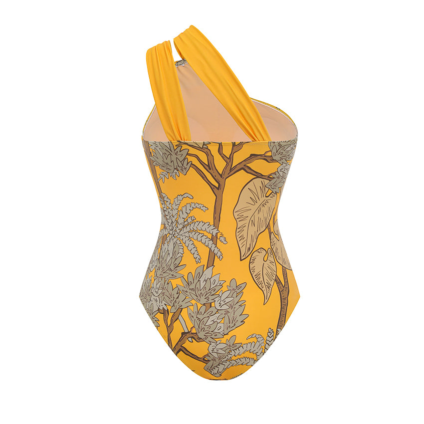 Women's One-Shoulder Floral Printed One-Piece Swimsuit & Long Skirt Set Beach Vacation Pool Party Resort Tropical Summer – Yellow - Lolly 