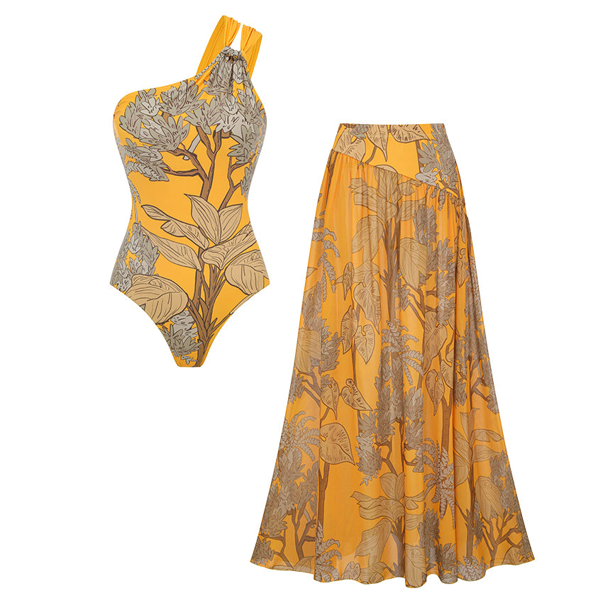 Women's One-Shoulder Floral Printed One-Piece Swimsuit & Long Skirt Set Beach Vacation Pool Party Resort Tropical Summer – Yellow - Lolly 