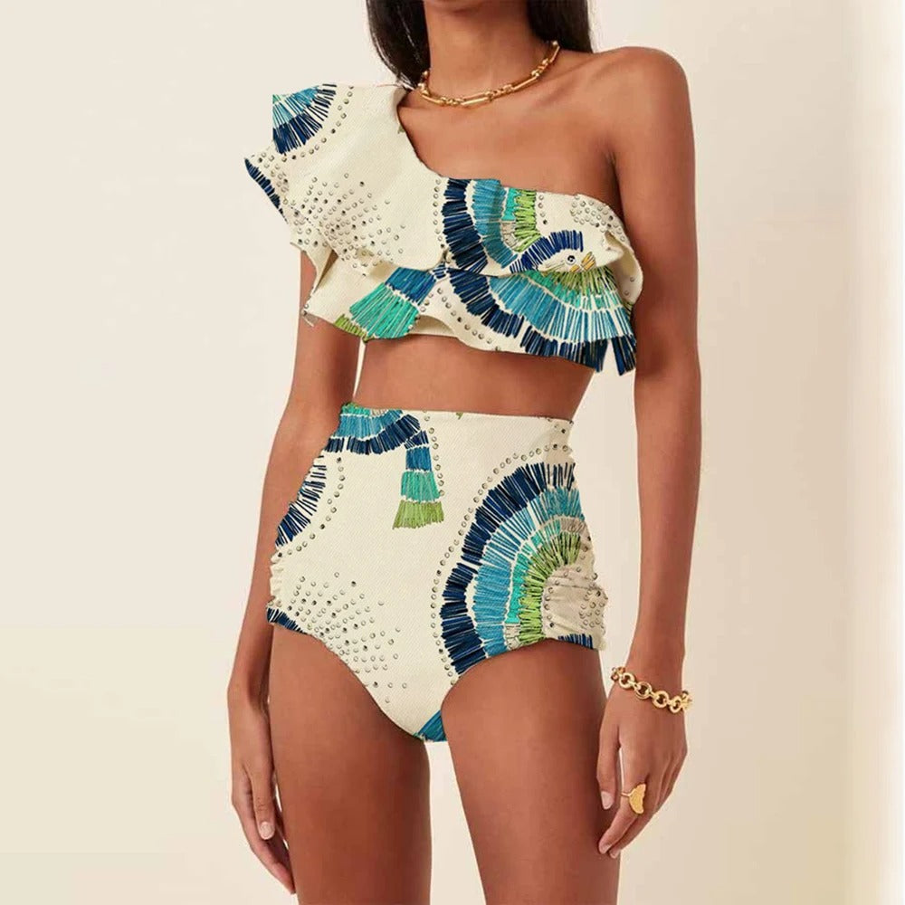 Women's One-Shoulder High-Waist Bikini Set Ruffle Embellished Tropical Print Beach Vacation Resort Summer – Blue Green Cream - Lolly 