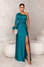 Women's One Shoulder Long Dress Flowing Sleeve Side Slit Formal Wedding Guest Party Elegant – Helen - Lolly 