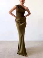 Women's One Shoulder Pleated Satin Long Dress Elegant Formal Wedding Guest Party Evening – Anita - Lolly 
