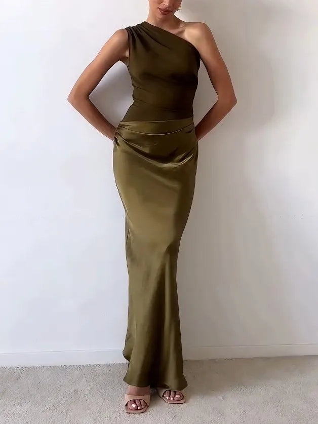 Women's One Shoulder Pleated Satin Long Dress Elegant Formal Wedding Guest Party Evening – Anita - Lolly 