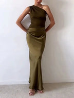 Women's One Shoulder Pleated Satin Long Dress Elegant Formal Wedding Guest Party Evening – Anita - Lolly 