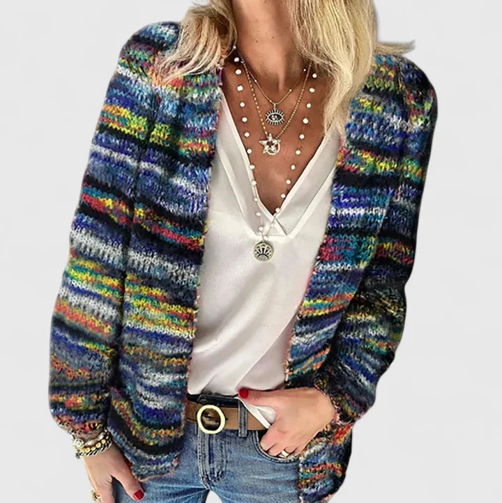 Women's Open Front Cardigan Multicolor Striped Knit Sweater Casual Boho Winter Layering - Lolly 