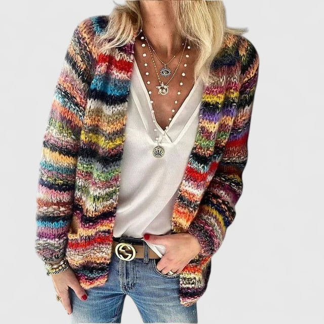 Women's Open Front Cardigan Multicolor Striped Knit Sweater Casual Boho Winter Layering - Lolly 