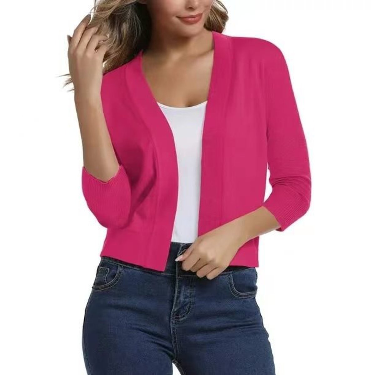 Women's Open-Front Cropped Cardigan 3/4 Sleeve Layering Top Casual Office - Lolly 