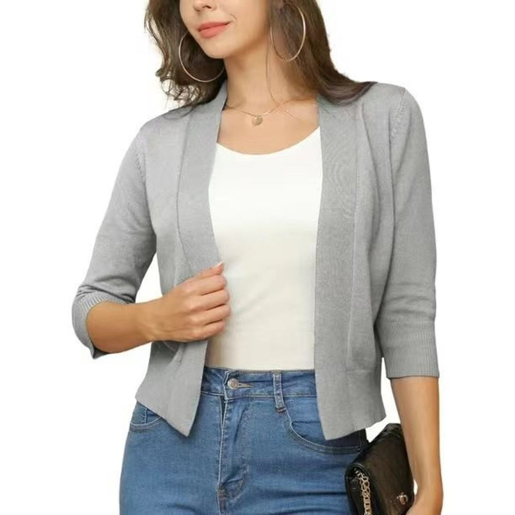 Women's Open-Front Cropped Cardigan 3/4 Sleeve Layering Top Casual Office - Lolly 