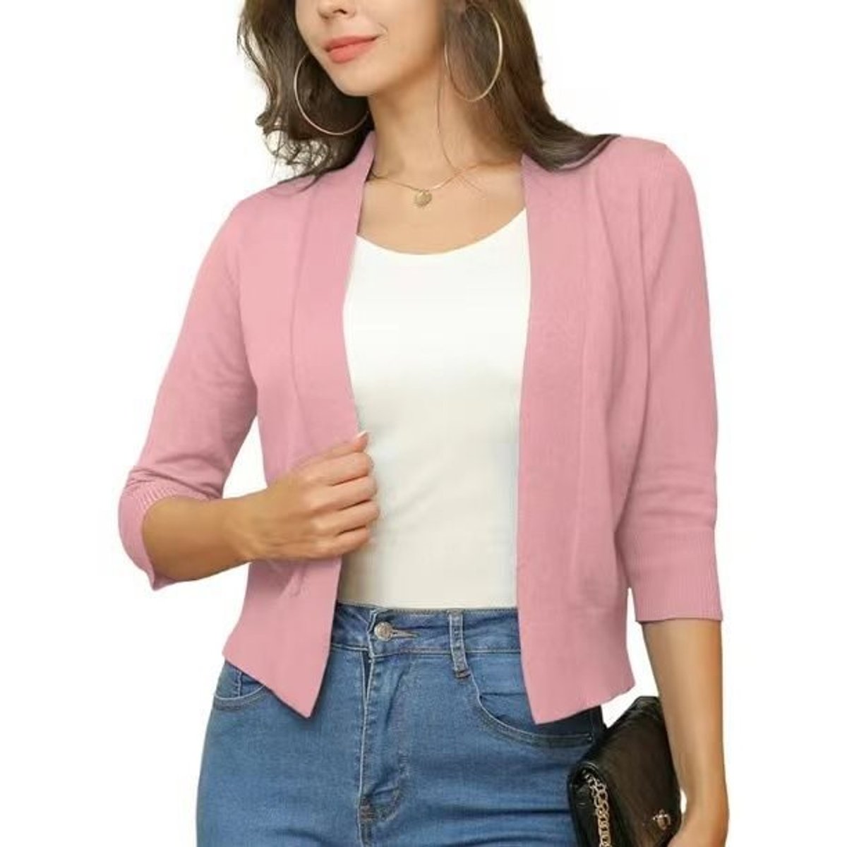Women's Open-Front Cropped Cardigan 3/4 Sleeve Layering Top Casual Office - Lolly 