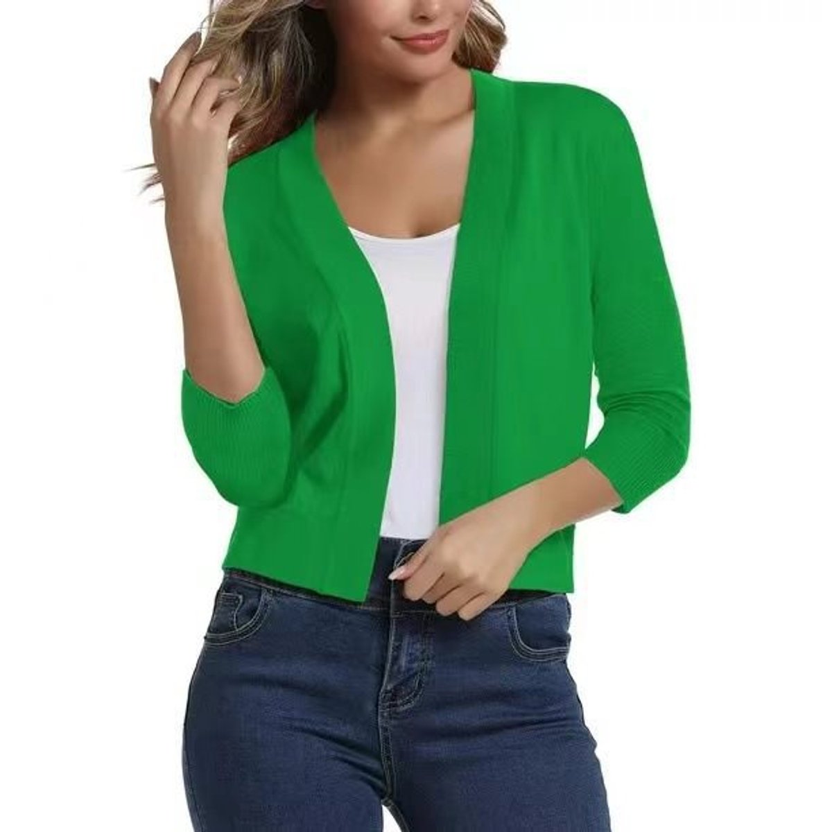Women's Open-Front Cropped Cardigan 3/4 Sleeve Layering Top Casual Office - Lolly 