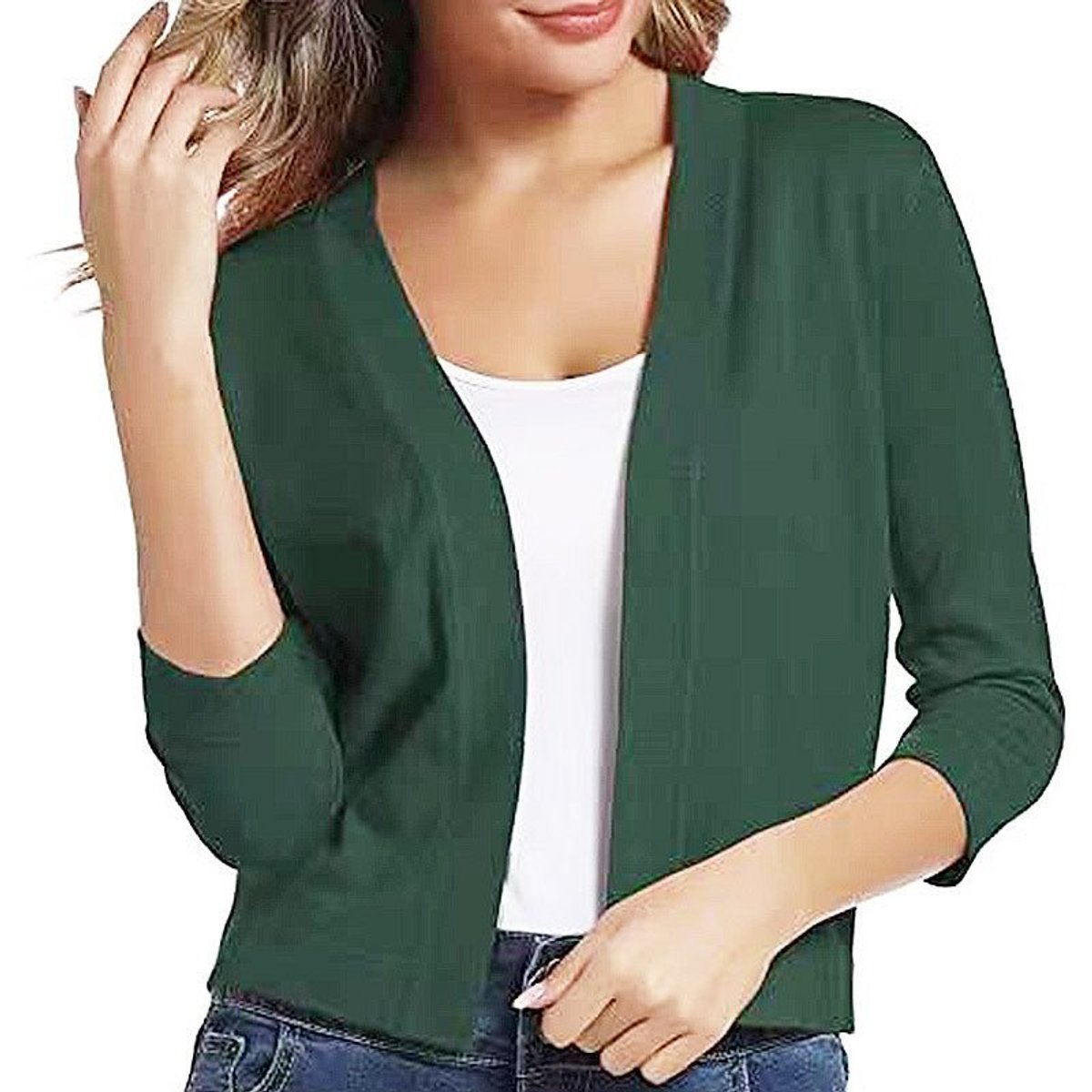 Women's Open-Front Cropped Cardigan 3/4 Sleeve Layering Top Casual Office - Lolly 