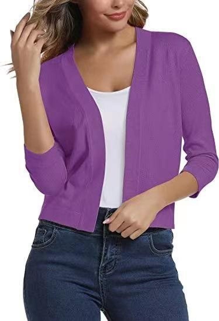 Women's Open-Front Cropped Cardigan 3/4 Sleeve Layering Top Casual Office - Lolly 