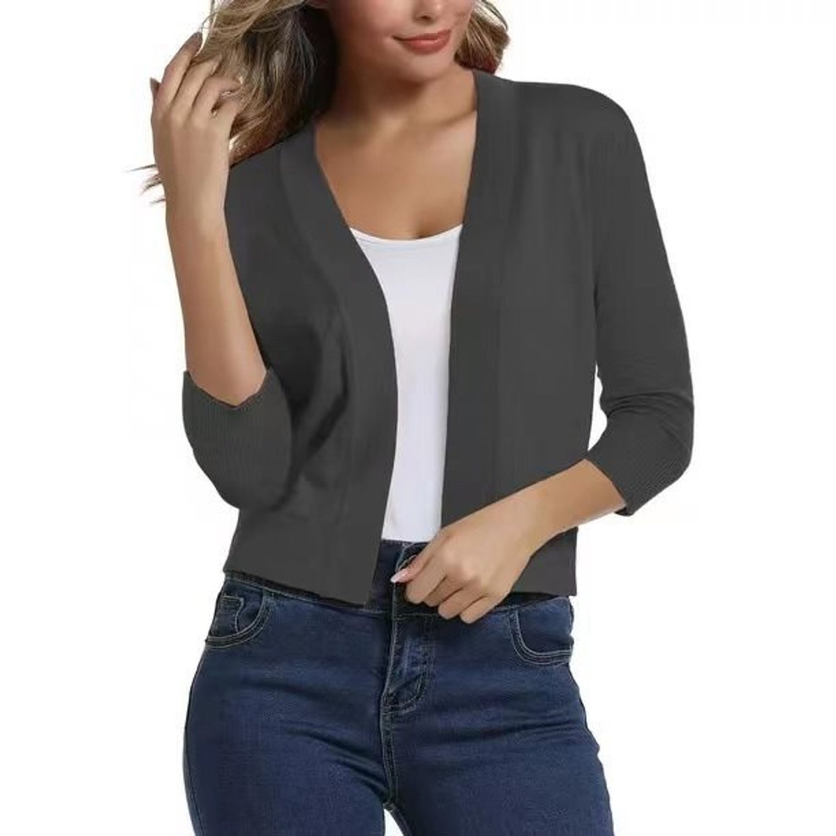Women's Open-Front Cropped Cardigan 3/4 Sleeve Layering Top Casual Office - Lolly 