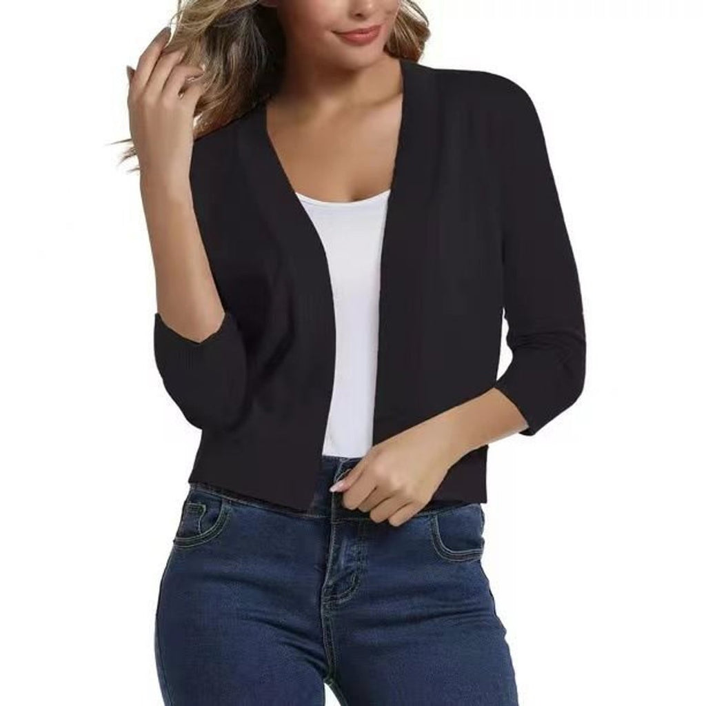 Women's Open-Front Cropped Cardigan 3/4 Sleeve Layering Top Casual Office - Lolly 