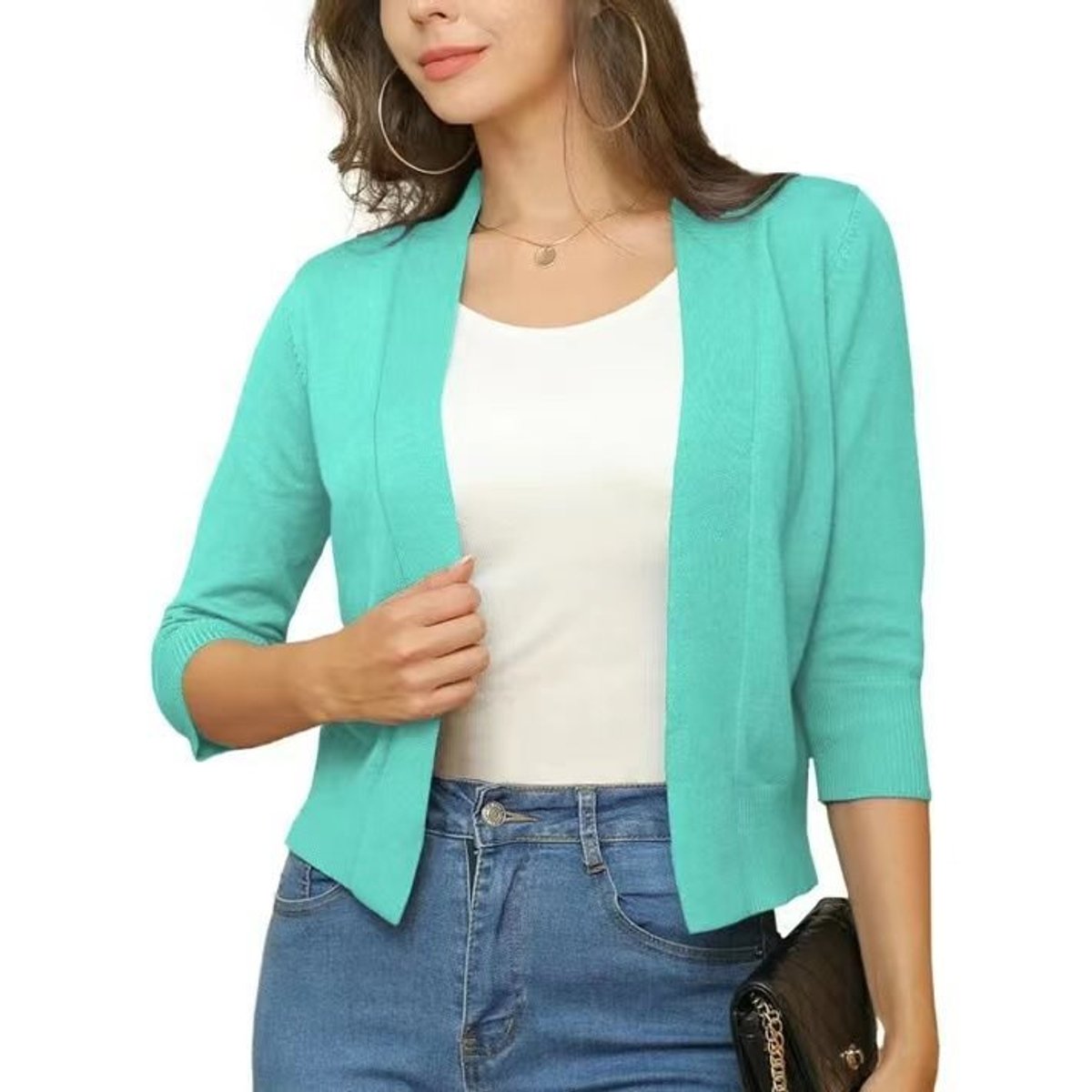 Women's Open-Front Cropped Cardigan 3/4 Sleeve Layering Top Casual Office - Lolly 