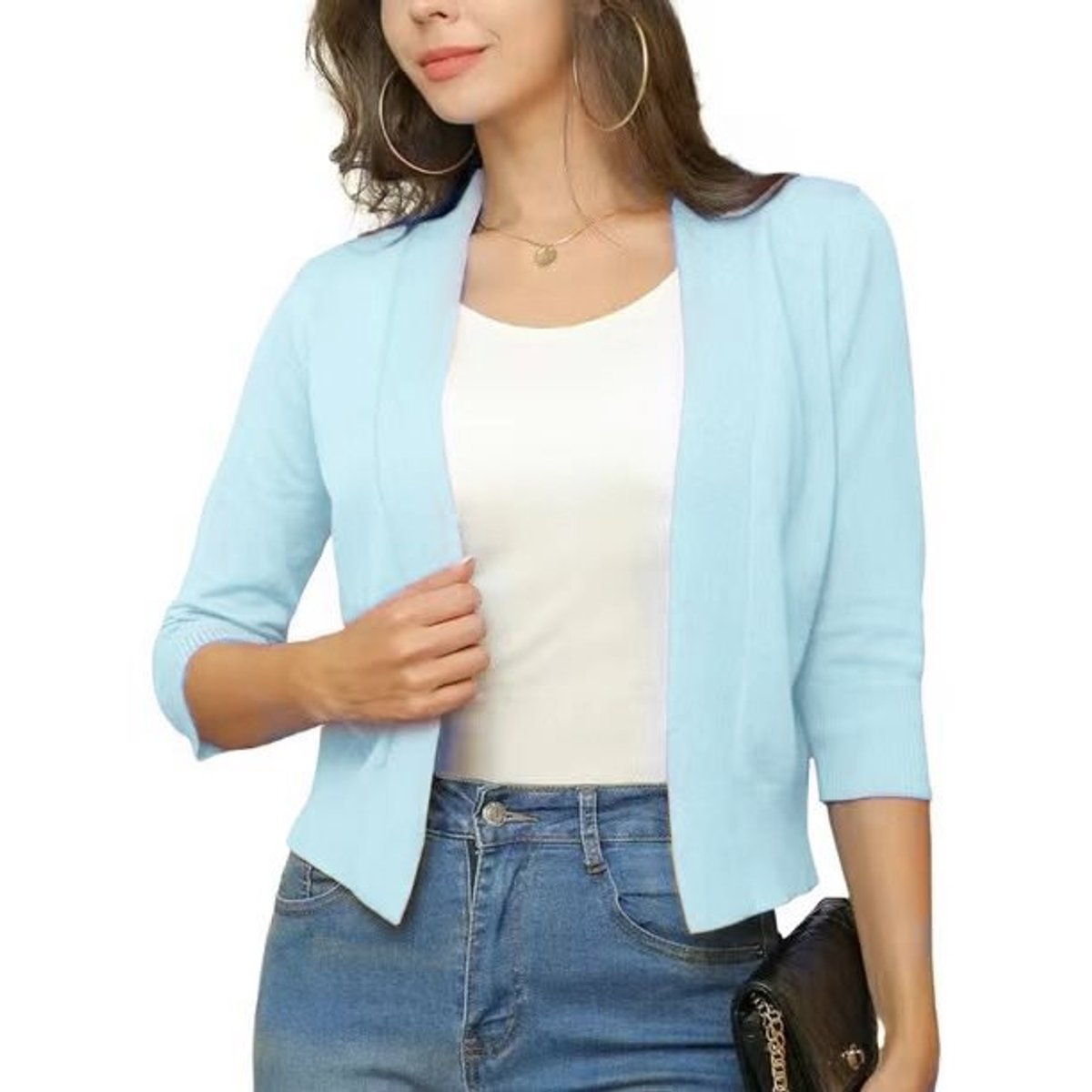 Women's Open-Front Cropped Cardigan 3/4 Sleeve Layering Top Casual Office - Lolly 