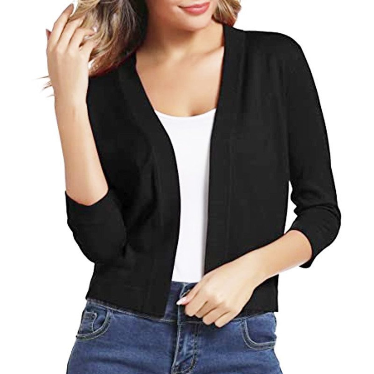 Women's Open-Front Cropped Cardigan 3/4 Sleeve Layering Top Casual Office - Lolly 