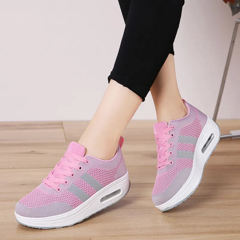 Women's Orthopedic Air Bubble Sneakers Mesh Lace-Up Cushioned Platform Casual Everyday Shoes - Lolly 